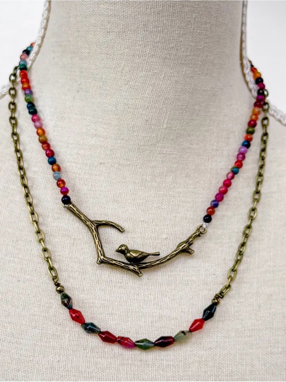 Braelyn Multicolor Beaded Double-Layer Bird Branch Necklace